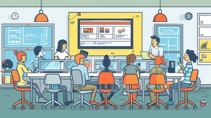 Poster - A group of people using laptops and tablets around a table, great for articles about technology or social media
