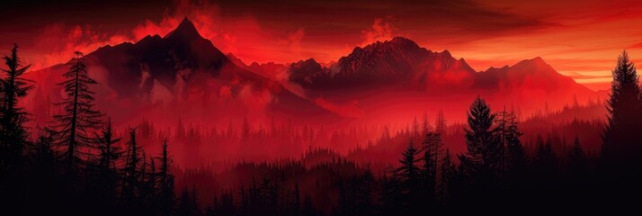 Canvas Print - Red dawn with mountain silhouettes in the background