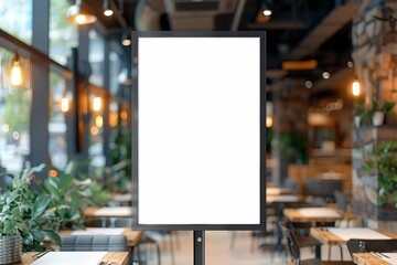 Wall Mural - Mock up poster frame template in cafe table and seats interior advertising banner. Vertical empty advertising poster mock-up at the entrance of restaurant