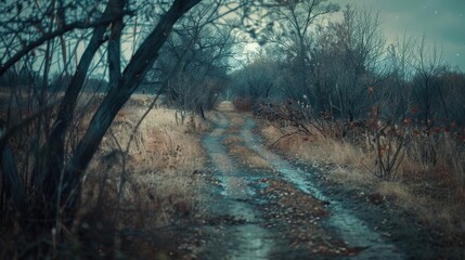 Poster - A rural dirt road stretches across a green field, perfect for a country landscape or outdoor scene