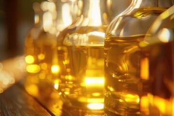 A collection of oil bottles resting on a rustic wooden surface