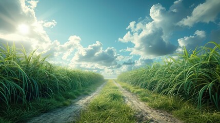 Canvas Print - Path Through Lush Grassland Under a Cloudy Sky