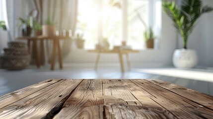 Sticker - Wooden table with blurred white interior background for product display.