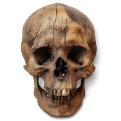 Poster - Wood texture skull white background anthropology sculpture.