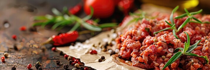 Poster - Close up of minced meat with spices on paper on a table