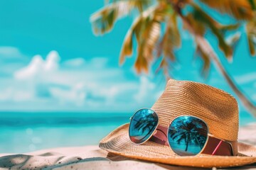 Canvas Print - A person wearing a hat and sunglasses relaxes on a sunny beach surrounded by palm trees