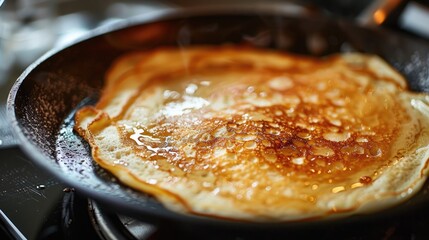 Close-up of nearly cooked pancake in a pan