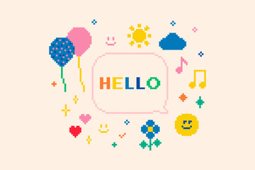 Poster - Childish colorful concept in pixel art. Funny naive design elements. Sun, music note. Mood of 90's aesthetics. 8-bit retro style vector illustration for kids design, game, web, print, card, t-shirt