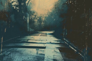 Poster - A dark street illuminated by a distant light filtering through the trees