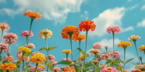 Poster - Vibrant zinnia blooms set against a backdrop of blue sky Summer scene