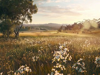 Wall Mural - Serene meadow landscape with wildflowers under a soft golden sunset.