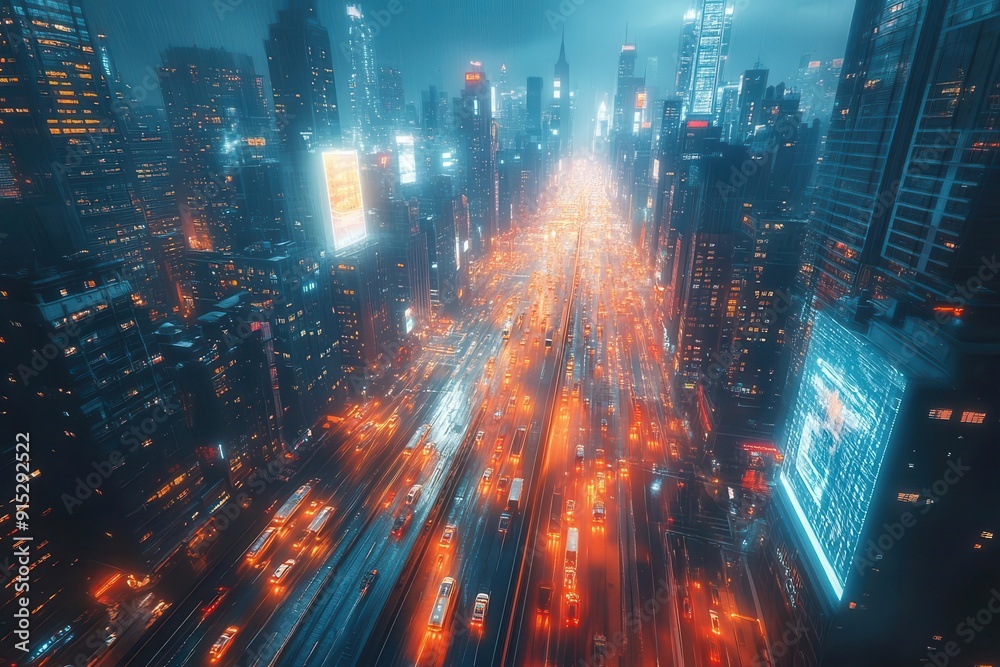 futuristic aerial view of a night cityscape with glowing expressways ...