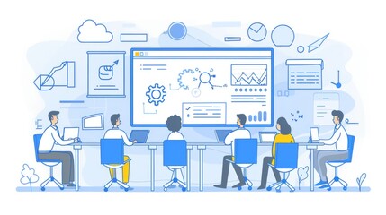 Poster - A group of people sit around a table with a whiteboard, likely discussing or brainstorming ideas