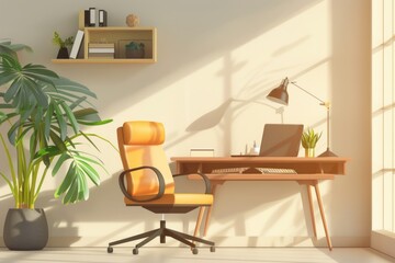 Wall Mural - A modern office setup with a laptop, plant, and minimal decor