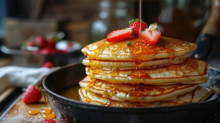 Poster - Stacked pancakes with syrup and sliced strawberries on top