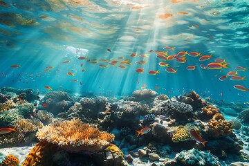 A thriving coral reef with colorful fish, clear blue water, and sunlight creating dappled patterns on the ocean floor.