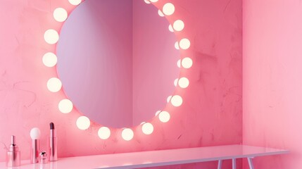 Sticker - Contemporary pink wall with bulbs and large mirror for makeup. Trendy abstract background. Blank space for text.