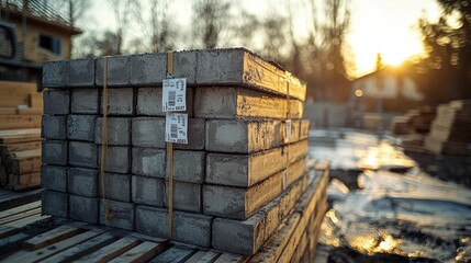 Wall Mural - stack of concrete foundation blocks with price tags attached. partially constructed foundation wall 