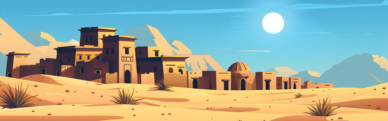 Middle Eastern Desert and Traditional Arab Cityscape Cartoon Landscape sunny day