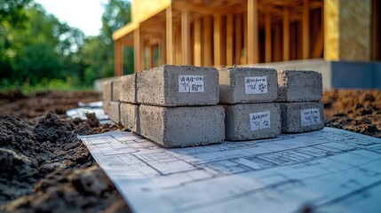 Wall Mural - stack of concrete foundation blocks with price tags attached. partially constructed foundation wall 