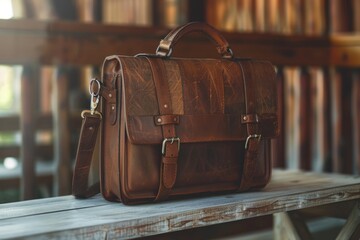 Poster - A brown leather briefcase sits on a wooden bench, perfect for storing documents or office supplies
