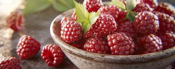 Wall Mural - Freshly picked raspberries in a bowl, 4K hyperrealistic photo