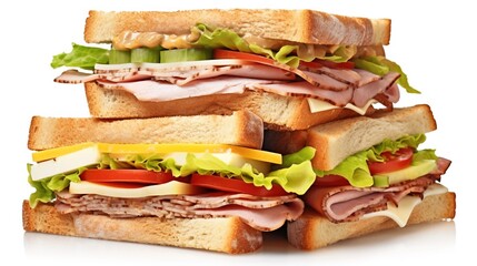 Wall Mural - Fresh sandwich with ham, cheese, tomatoes, fast food on white background, isolate. AI generated.