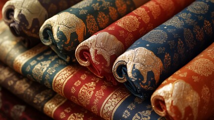 Wall Mural - Rolls of fabric featuring intricate elephant patterns and rich colors, perfect for decorative and cultural crafts.