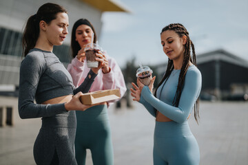 Wall Mural - Two fit women in athletic wear standing outside, holding smoothies and enjoying a post-workout break.