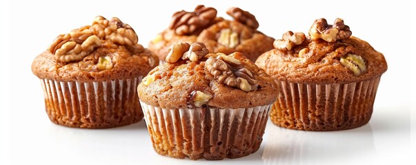 Freshly baked banana muffins with walnuts on white background, 4K hyperrealistic photo