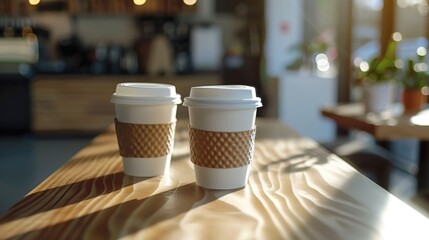 Poster - Two coffee cups sit on a wooden table, perfect for a morning pick-me-up or a casual gathering