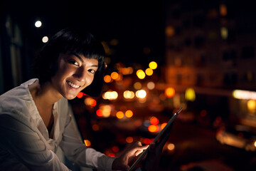 Aufkleber - Business, night and portrait of happy woman on tablet in city for email, research and update on deadline. Tech, smile and face of creative writer or entrepreneur on app at startup with bokeh in USA
