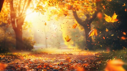 Wall Mural - Vibrant autumn scene with sunlight, yellow trees, and foliage in park. Background of leaves falling naturally