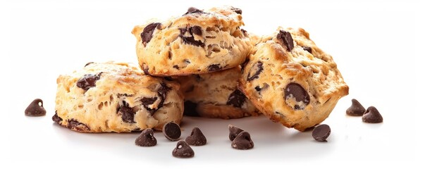 Freshly baked chocolate chip scones on white background, 4K hyperrealistic photo