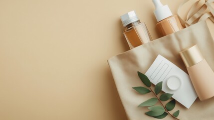 Wall Mural - Natural skincare products arranged in a reusable tote bag on a warm beige background