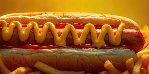 Sticker - Close up of a hot dog with fries and mustard