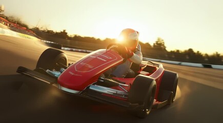 Wall Mural - A racing car driver wearing a red and white helmet is maneuvering a go-kart around a track, illuminated by golden sunlight. The vehicle shows dynamic motion with intense speed.