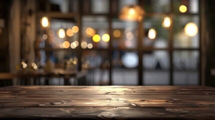 Sticker - Blurred dark background with an empty table and cafe windows for product presentation