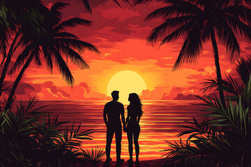 Wall Mural - Silhouettes of man and woman standing and holding hands at evening time ,Couple each other on the colorful sunset beach with palms, banner illustration.