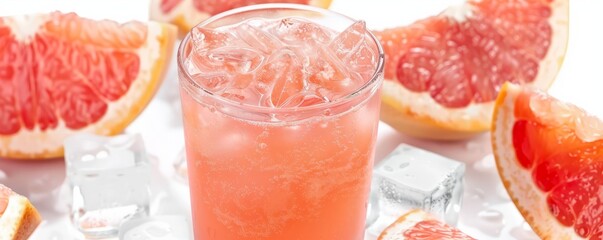 Wall Mural - Glass of freshly squeezed grapefruit juice with ice cubes on white background, 4K hyperrealistic photo