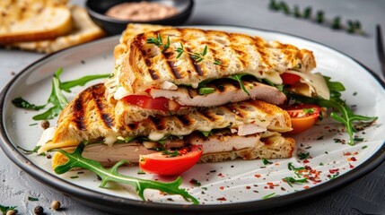 Canvas Print - A juicy grilled chicken sandwich served on a plate with fresh tomatoes