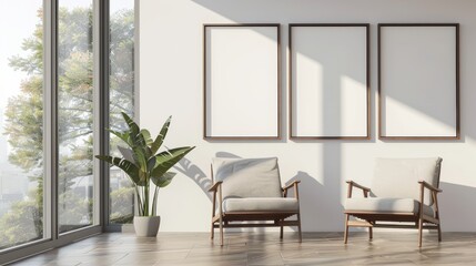 Wall Mural - Sunlight filters into a minimalist room featuring two cushioned chairs, a potted plant, and three blank frames on the wall