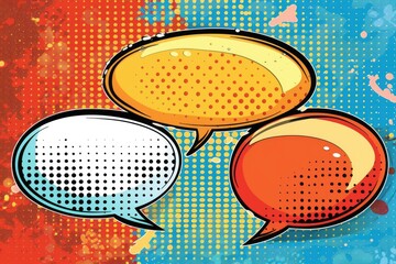 Poster - Three vibrant speech bubbles on a bright background, ideal for illustrating conversation or dialogue