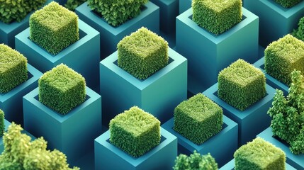 Wall Mural - Futuristic Hedge Fund Concept with Jewel Tone Backgrounds in Isometric View, Clean Design, and Nature-inspired Colors - 3D Rendering with Beautiful Graphics and Spacious Middle Space