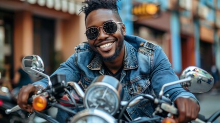 Poster - A man with a beard and sunglasses is smiling while sitting on a motorcycle