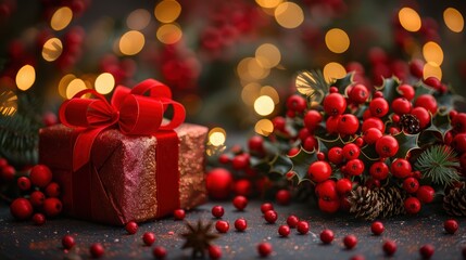 A beautifully wrapped Christmas present beside festive decorations and holly with bright lights in the background