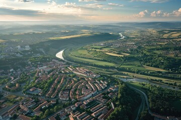 Poster - Aerial view of a city with a river flowing through, urban landscape