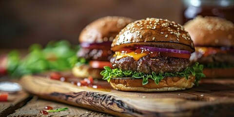 Canvas Print - Close up of delicious cheeseburgers on a wooden board on a table