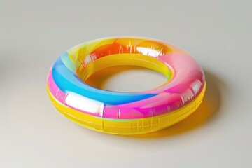 Wall Mural - A bright yellow inflatable pool ring lying on a clean white surface, ready for use in the water or as a decorative element