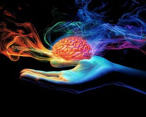 Poster - An abstract image of a hand holding a brain